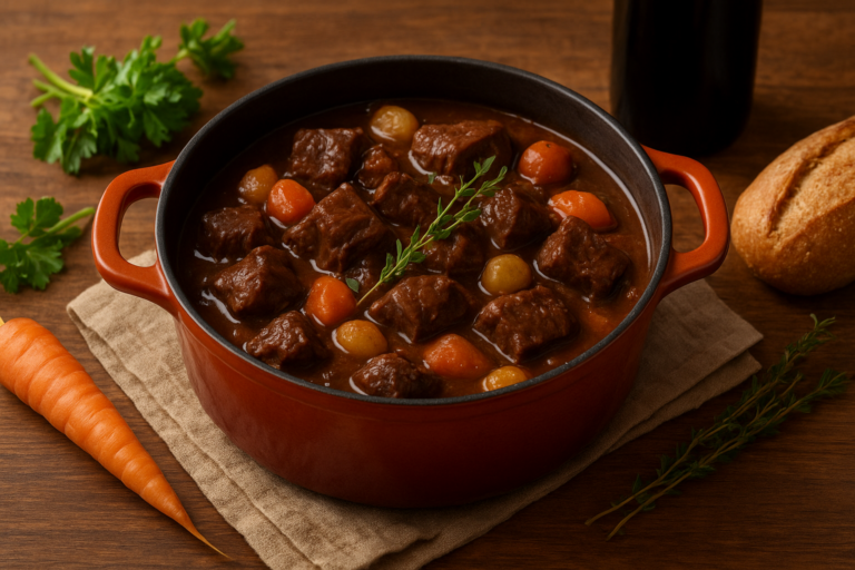 Beef bourguignon simmered in a cast-iron casserole dish with carrots, onions and herbs, homemade at the Bastide de Tourtour restaurant. A tasty and comforting grandmother's dish with the flavours of Provence.