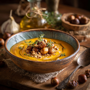 Cream of pumpkin and chestnut soup served in a hand-crafted ceramic bowl, decorated with chopped walnuts, fresh thyme and a drizzle of olive oil. A seasonal recipe prepared at the Bastide de Tourtour restaurant, combining autumnal flavours with Provencal authenticity.