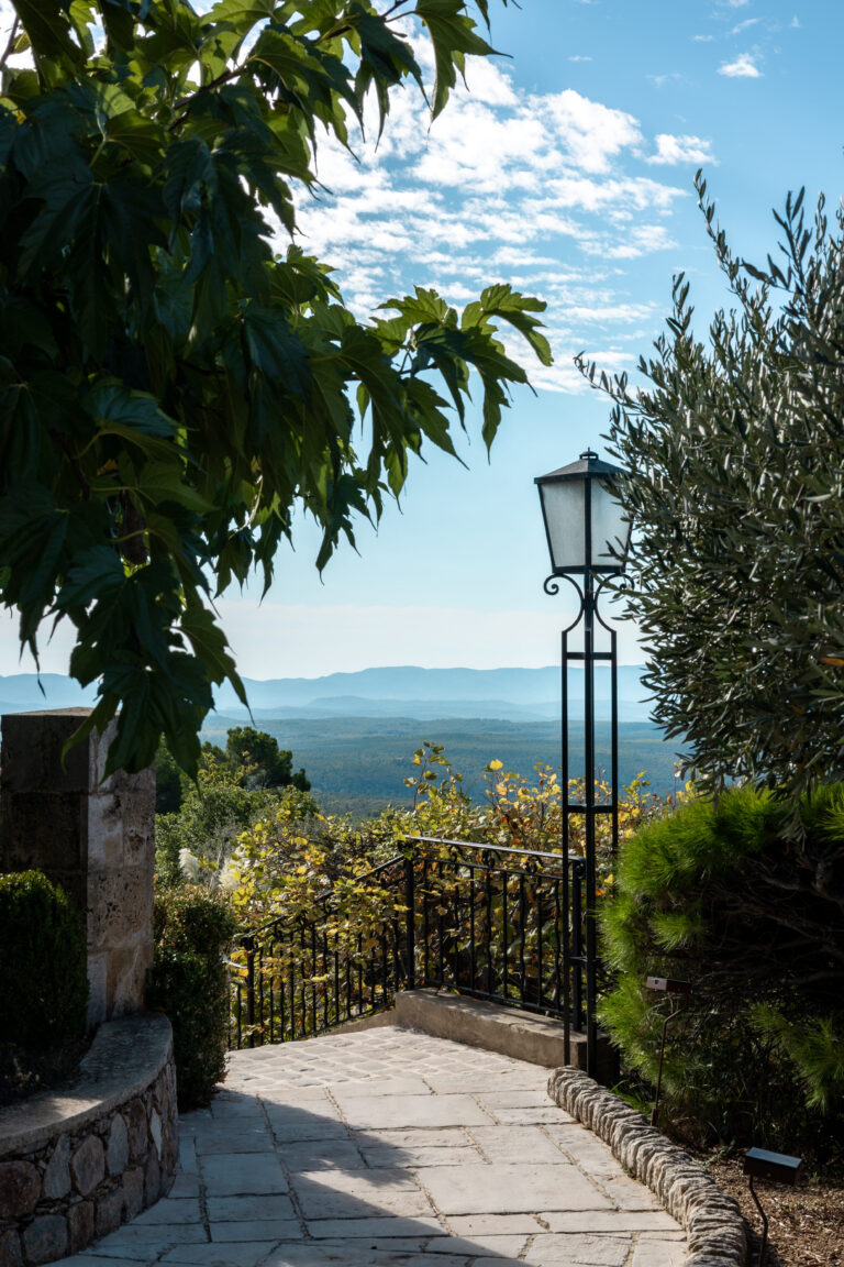 Gardens of the Tourtour Bastide with the hills of the Haut Var in the background