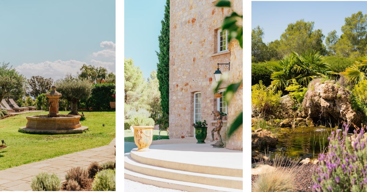 A collage of three photos of the Bastide de Tourtour (fountain, entrance and natural spring)