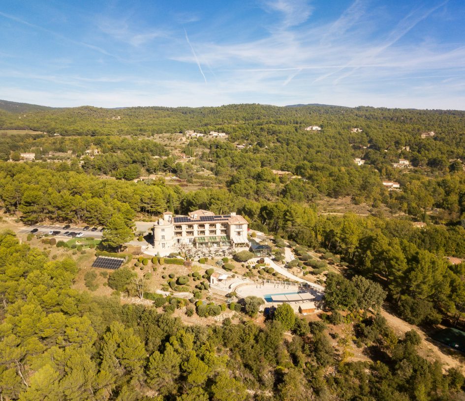 Aerial view of the Bastide de Tourtour, with solar panels on the roof - bastide tourtour