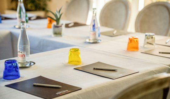 Meeting table with coloured glasses
