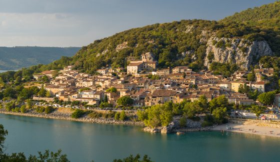 This landscape photo was taken in Europe, in France, Provence Alpes Cote d'Azur, in the Var, in summer. We see the city of Bauduen, under the Sun.